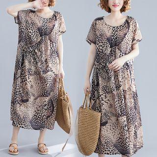 Leopard Print Short-sleeve Midi Shift Dress