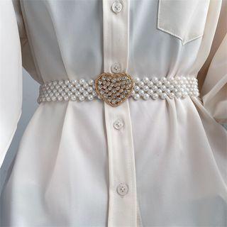 Faux Pearl Rhinestone Heart Belt Gold & Off-white - One Size