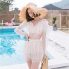 Set: Long-sleeve Glitter Swim Top + Bottom + Skirt