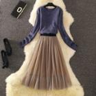 Set: V-neck Sweater + Midi A-line Mesh Skirt