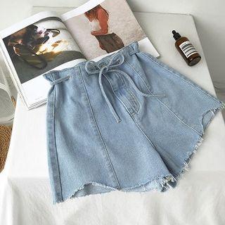 Asymmetric Fringed High-waist Lace-up Denim Shorts