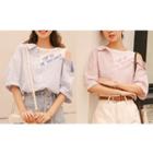 Letter Embroidered Striped Cut Out Shoulder Elbow Sleeve Shirt