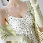 Spaghetti Strap Floral Print Drawstring Dress / Ribbed Cardigan