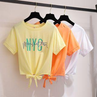 Short-sleeve Lettering Tie-front T-shirt / Washed Wide Leg Jeans