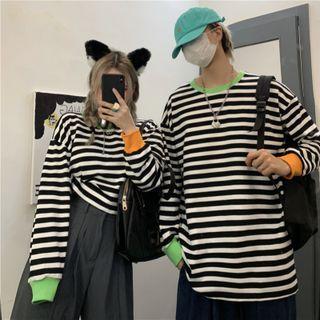 Couple Matching Long-sleeve Contrast Trim Striped T-shirt / Cropped T-shirt