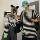 Couple Matching Long-sleeve Contrast Trim Striped T-shirt / Cropped T-shirt