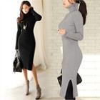 Turtle-neck Long-sleeve Slit-side Knit Dress