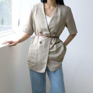 Short-sleeve Collarless Blazer With Belt Khaki - One Size
