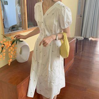 Short-sleeve Floral Single Breasted Dress