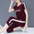 Set: Short-sleeve Lettering T-shirt + Knee-length Striped Sweatpants