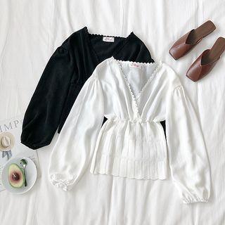 Chiffon Panel Long-sleeve Ruffled Trim Top