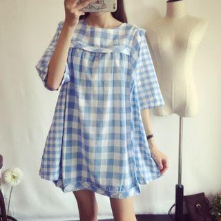 Gingham Elbow-sleeve A-line Dress