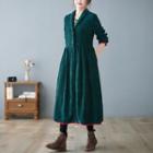 Long-sleeve V-neck Corduroy Midi A-line Dress