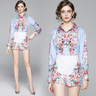 Set: Floral Shirt + High Waist Wide Leg Shorts
