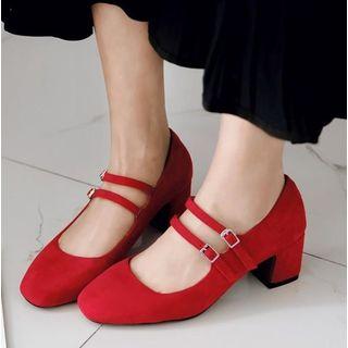 Faux Suede Double Buckled Chunky-heel Mary Janes