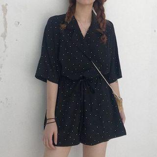 Dotted Elbow Sleeve Wide Leg Playsuit
