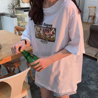 Elbow-sleeve Zoo Print T-shirt