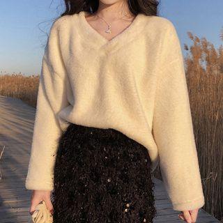 V-neck Long-sleeve Fluffy Top / Sequined Fringed Trim Midi Straight-fit Skirt