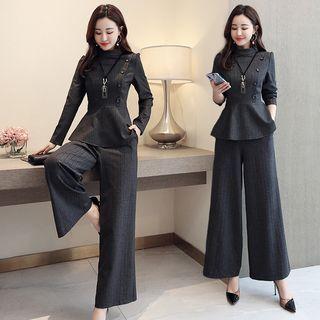 Set: 3/4-sleeve Peplum Top + Wide-leg Pants