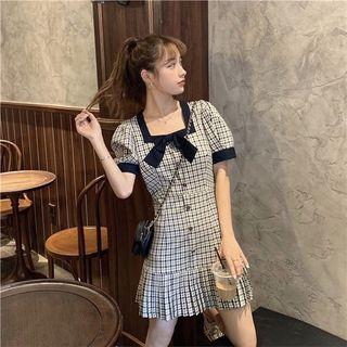 Square-neck Bow Short-sleeve Plaid Mini A-line Dress