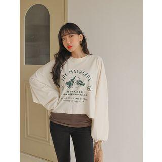Printed Balloon-sleeve Cropped Pullover