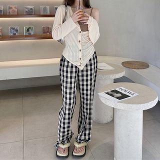 Plain Cardigan / Camisole Top / Plaid Wide Leg Pants