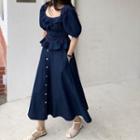 Puff-sleeve Shirred Frill Trim Midi A-line Denim Dress Blue - One Size