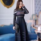 Long-sleeve Perforated A-line Maxi Dress