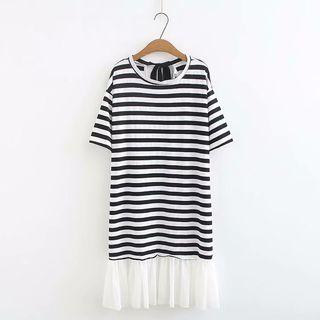 Elbow-sleeve Striped Ruffled Midi Dress