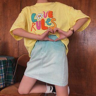 High-waist Gradient Denim Mini A-line Skirt