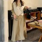 Long-sleeve Midi A-line Dress / Asymmetrical Single-breasted Vest