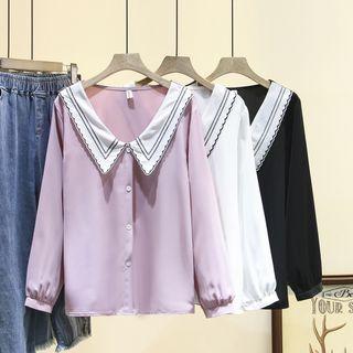 Long-sleeve Collared V-neck Chiffon Blouse
