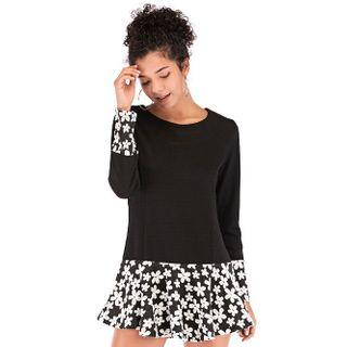 Flower Print Panel Long-sleeve T-shirt