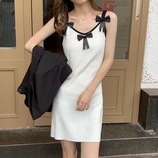 Spaghetti Strap Bow Knit Mini Dress White - One Size