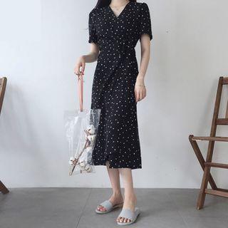 Short-sleeve Dotted V-neck Wrap Midi Dress