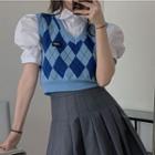Puff-sleeve Shirt / Argyle Sweater Vest / Mini Pleated Skirt