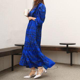 Puff-sleeve Frill-trim Patterned Maxi Dress