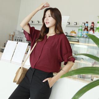 Open-placket Frill-sleeve Chiffon Blouse