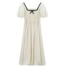Puff-sleeve Bow Shirred Midi A-line Dress / Spaghetti Strap Dress