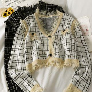 Glitter Fringed-trim Plaid Cardigan