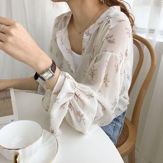 Set: Printed Long-sleeve Chiffon Blouse + Camisole Top