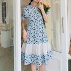 Short-sleeve Tie-neck Print A-line Dress