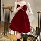 Spaghetti Strap Velvet Mini A-line Dress / Mock-neck Embellished Knit Top