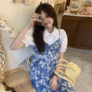 Spaghetti Strap Floral Print Dress / Short-sleeve Shirt