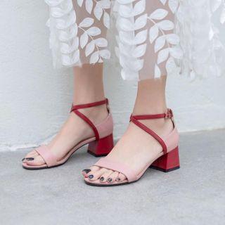 Two Tone Block Heel Ankle Strap Sandals