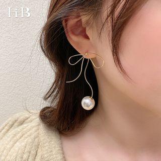 Bow Faux Pearl Alloy Earring 1 Pair - Gold & White - One Size