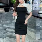 Short-sleeve Collared Two-tone Mini Sheath Dress