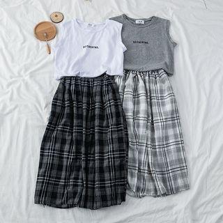 Letter Print Tank Top / Plaid Midi Skirt