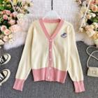Trojan Horse Embroidered Color-block Knit Cardigan Off-white - One Size