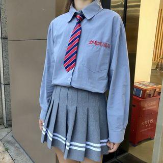 Character Embroidered Shirt / Contrast-trim Mini A-line Pleated Skirt